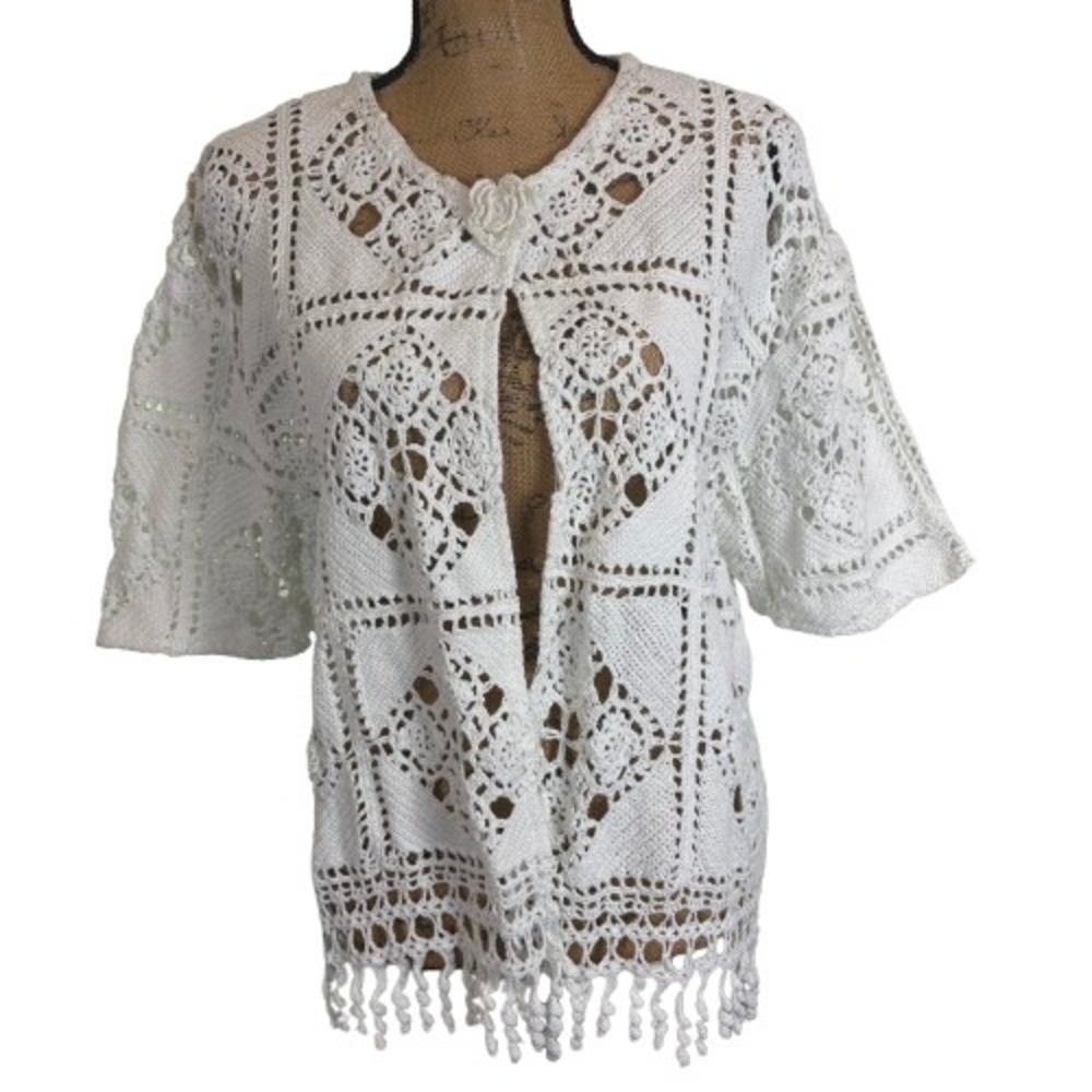 Vintage Nicole Marie White Crochet Boho Cardigan Short Sleeve Tassel Fringe XL